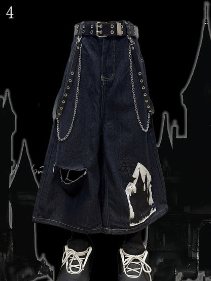 Cross Applique Design Shorts Dark Blue Distressed Holes Wide-Leg Cargo Y2K