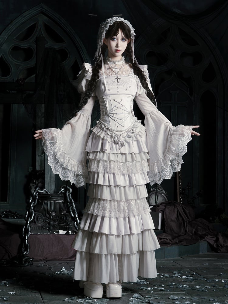 Patched Bell Silver Neckline Blouse Lace Sleeves Gothic