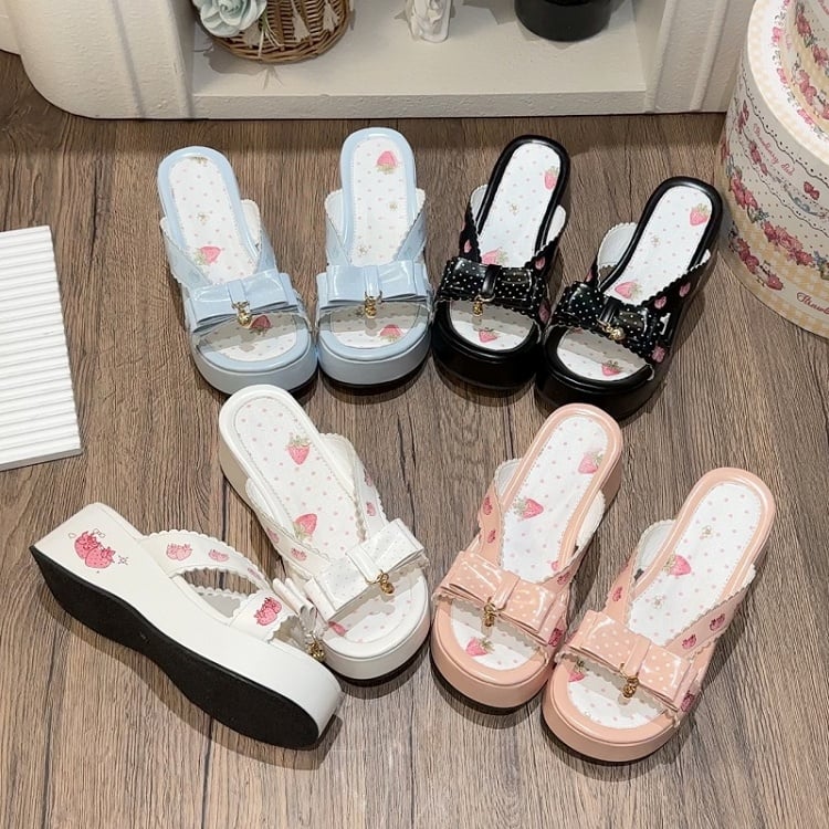 Platform Strawberry Top Black Print Slippers Bow Lolita Wa at