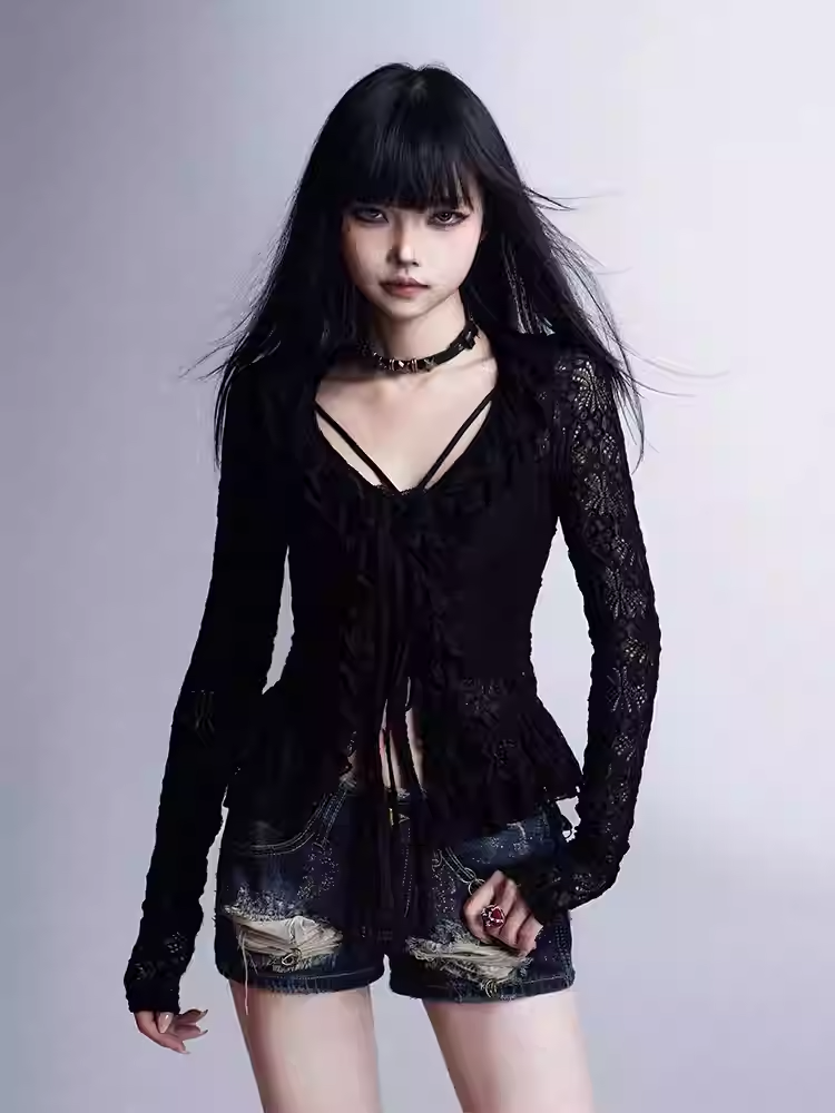 カーディガン、トップ付き、フリルトリム、レースニットセット、Vネック、キャミソール、ブラック、ホローアウト