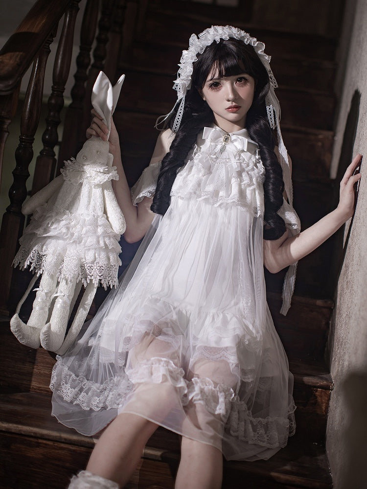 White Landmine Style Cutout Shoulder Dress with Sheer Overlay, Lace and Bow Tie - Ekomi
