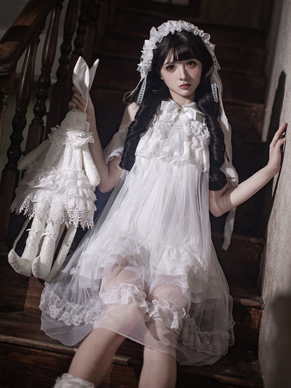 White Landmine Style Cutout Shoulder Dress with Sheer Overlay, Lace and Bow Tie - Ekomi