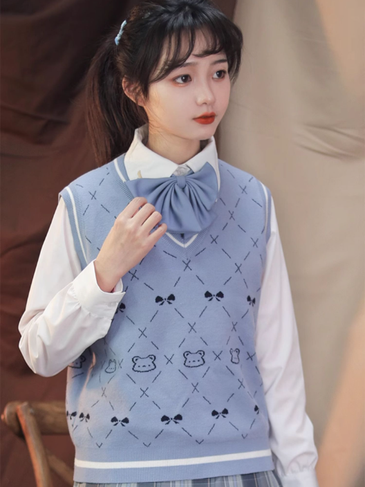 Preppy Pattern Teddy Knit and Blue Bear Bow with Print Diamond Vest