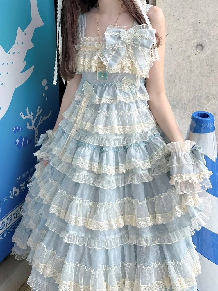 Goldfischblaues, verstellbares, süßes Lolita-Kleid mit Rüschen und Stickereien, Trägern und mehrlagigem