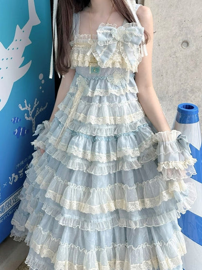 Goldfischblaues, verstellbares, süßes Lolita-Kleid mit Rüschen und Stickereien, Trägern und mehrlagigem