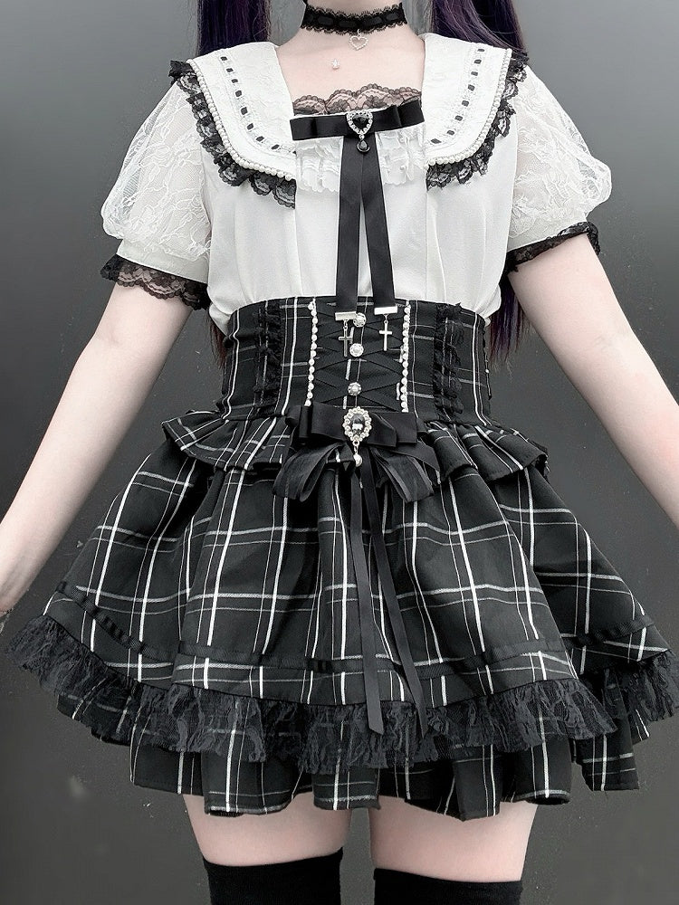 Black Jirai Kei Plaid High Waist Skirt with Bow and Lace Detail - Virtual Paradise