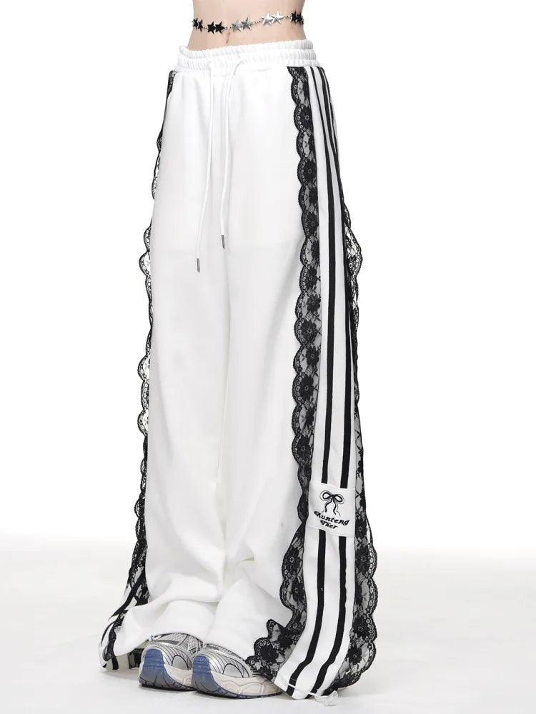 Cut Lace Wide-Leg White/Dark Trim Pants Blau Blokettecore