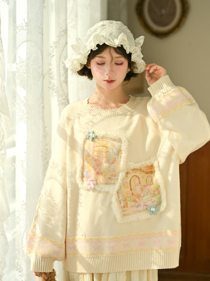 Yellow Oil Painting Teddy Bear Applique  Sweater