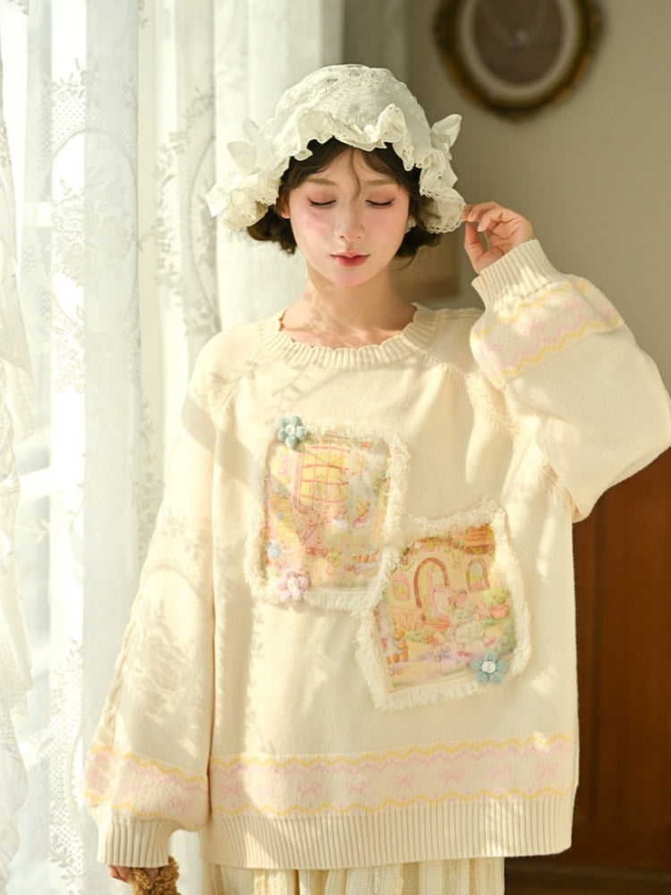 Gelber Pullover mit Teddybär-Applikation und Ölgemälde