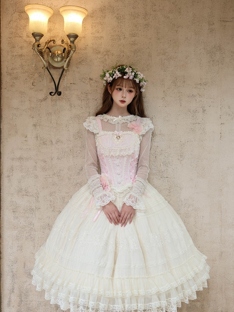Sweet Lolita Princess Set with Lace, Floral, Pink & White Top & Skirt - Twilight Flower Letter
