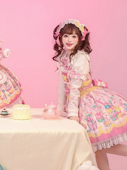 Trim Flutter and Sleeves Yellow Lolita JSK Cupcake with Dress Prints Sweet Lace Pink