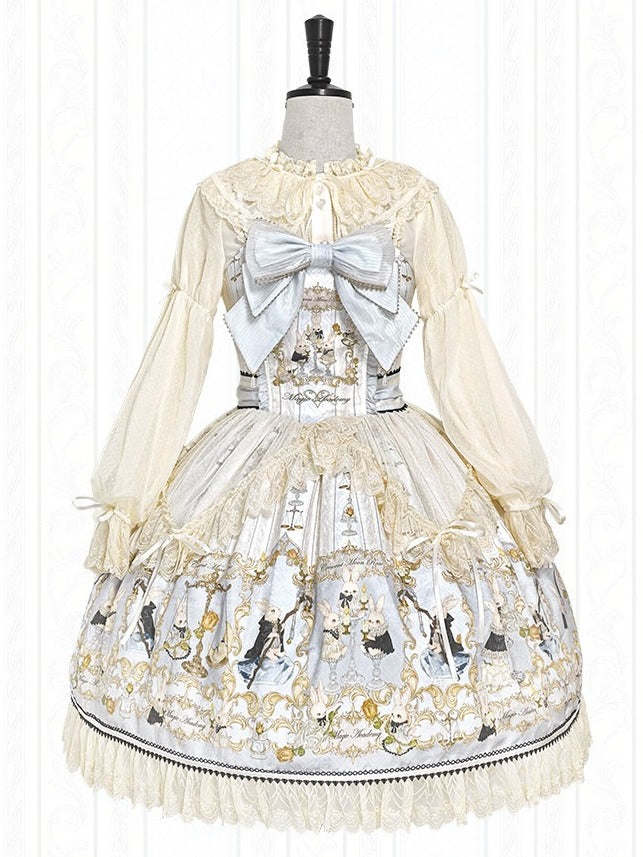 Azure Rabbit-Print Bow JSK with Lace Blouse - Stars Fall on the Foggy Island