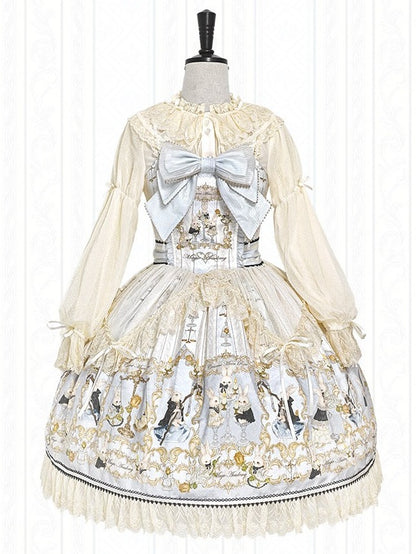 Azure Rabbit-Print Bow JSK with Lace Blouse - Stars Fall on the Foggy Island