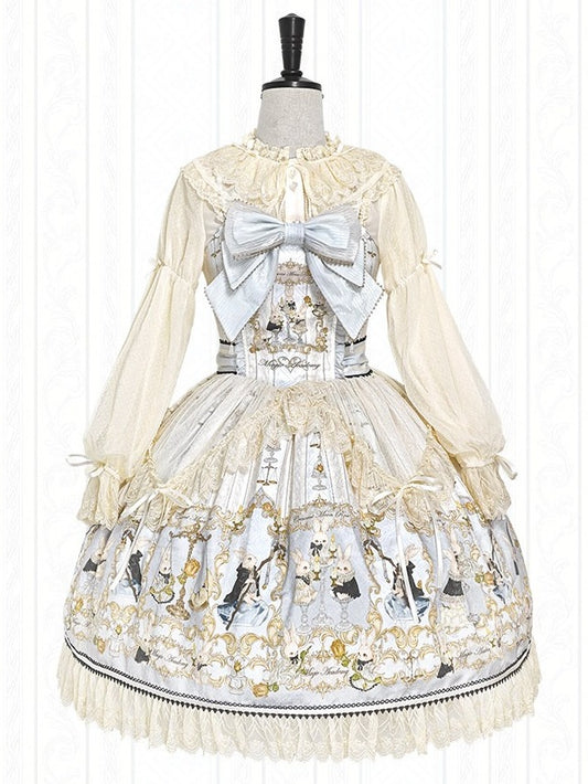 Azure Rabbit-Print Bow JSK with Lace Blouse - Stars Fall on the Foggy Island