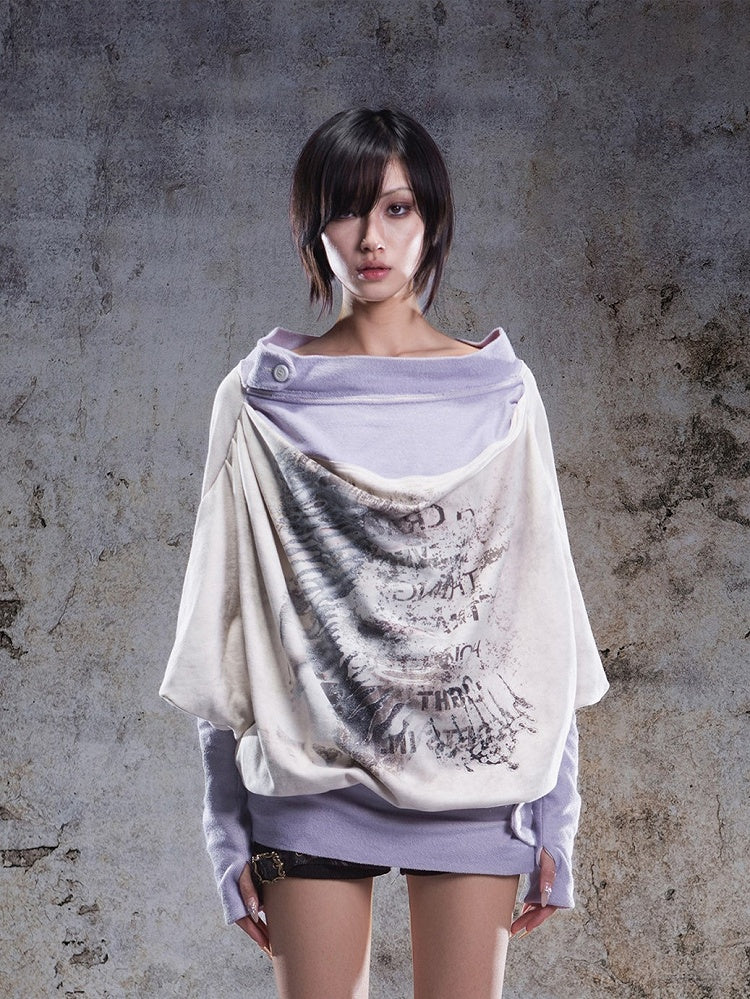Top with Purple Print Accents Button Two-piece Punk Apricot Letter