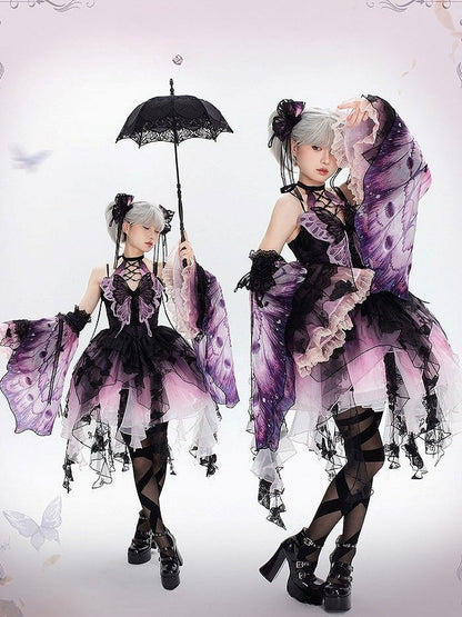 Purple Black Tulle with Hem Gothic Applique Dress Multi-Layer Halter Lolita Asymmetric Butterfly Lace-Up