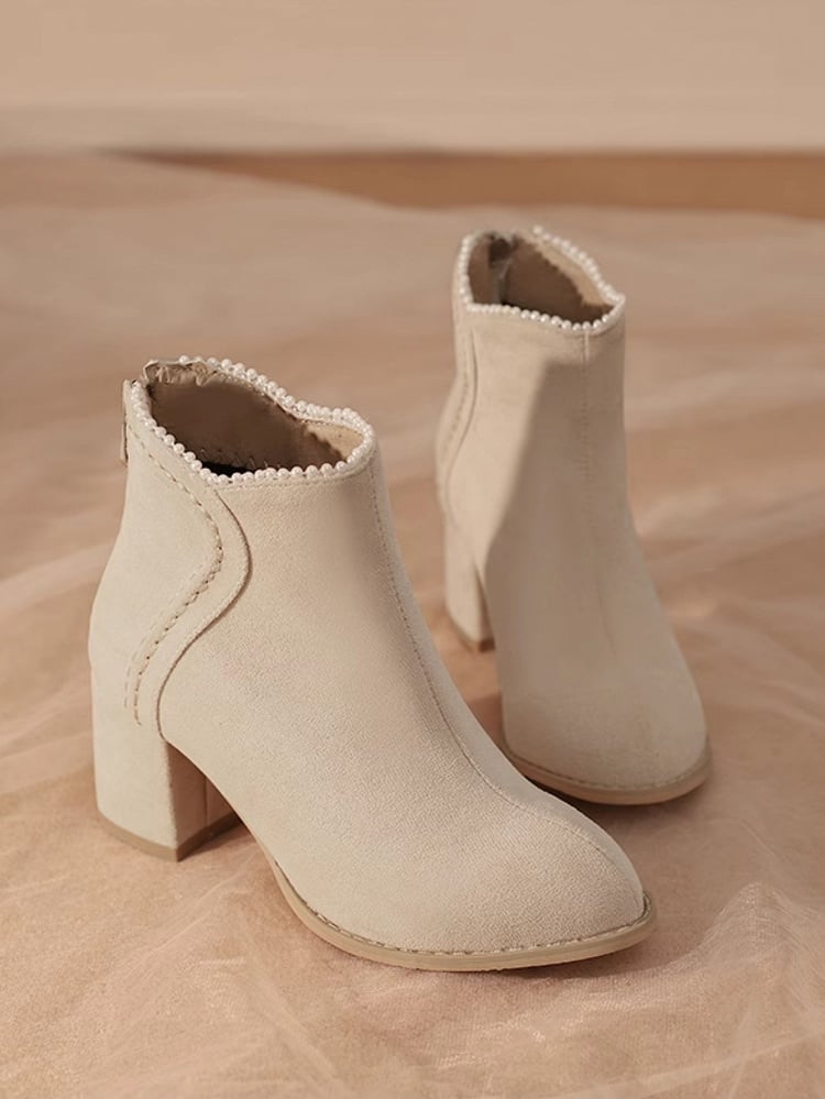 - High Version Beaded Heel Thicken Elegant Closures with Regular Cuff Beige Block Zip Boots Back /