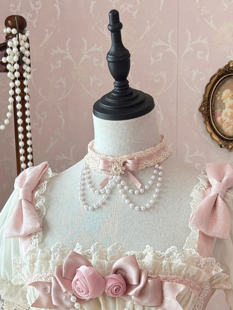 Bead Chain Lace Bow Pink & White Choker - Rose Weaving Poetry