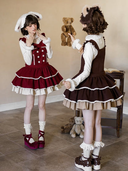 Dropped Lolita Sweet Hem Tiered Waist Dress Coffee Overall Bow with and