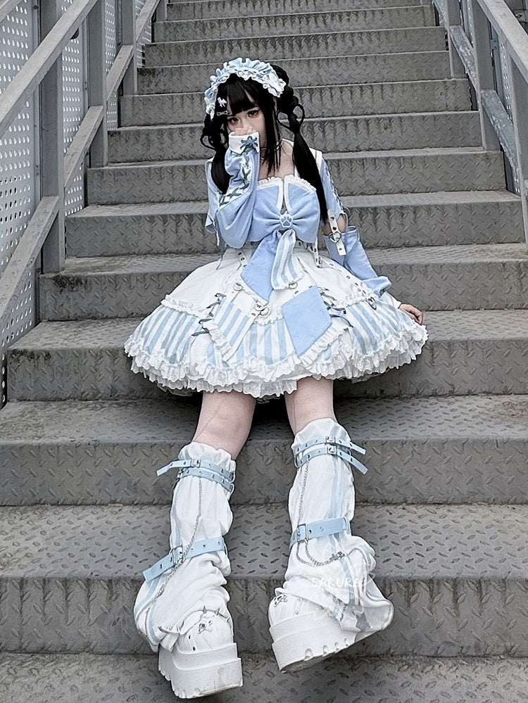 Kitty Light Bow Kaiwai Set Blaues JSK-Kleid Kurz geschnittenes Tenshi Lolita Sailor Striped Big Top Muster Ohren + - Kragen