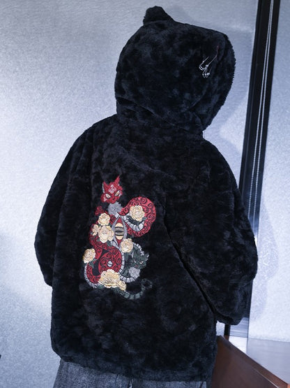 Drawstrings Coat Mythical Chain Cat Beast Metal Gothic with Hooded Ear Black Cheongsam Embroidery