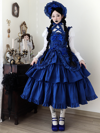 Lolita Decoration with Bowknots Klein Version Blue Ruffled and Gothic Dress Long Heart-shaped JSK
