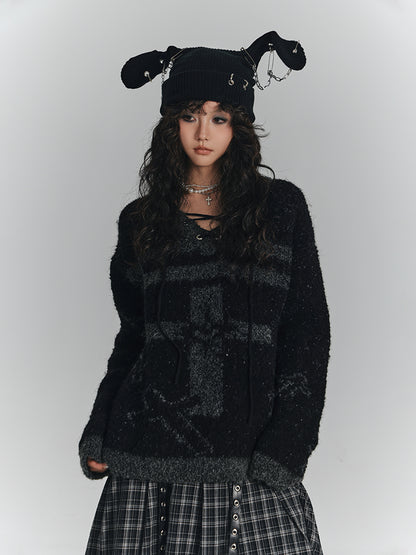 Lace-up Black Print with Crisscross Gray Sweater Cross Punk V-Neck