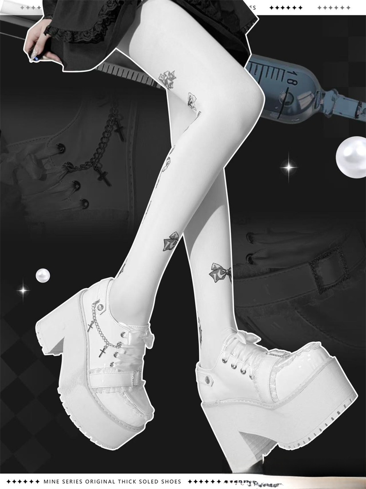 Jirai Kei Polished White Platform Shoes - PU Leather with Detachable Cross Chain, Rhinestone Buckle & Ribbon Lace-Up