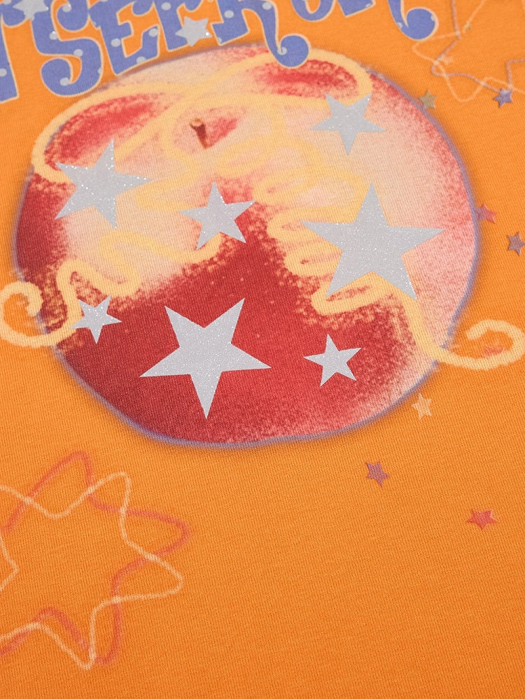 Orange Crew-Neck Tee with Fruit & Star Motif - Languid Park