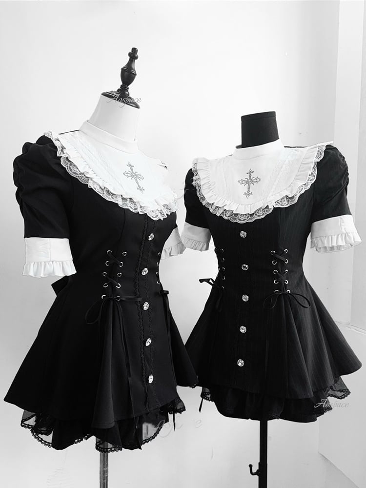 Set - Coord Jirai Striped Kei Waist Black Lace-Up
