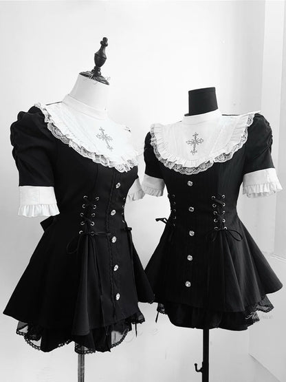 Set - Coord Jirai Striped Kei Waist Black Lace-Up
