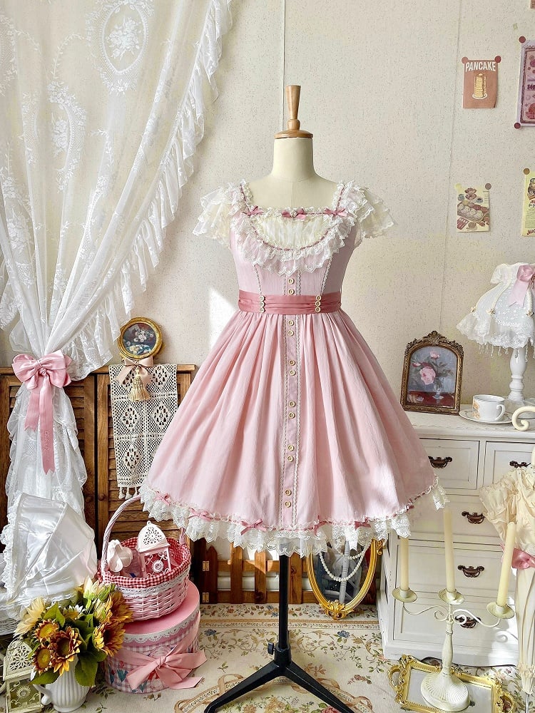 Elegant Bow and Details Version Classic with Lace Dress Short Pink Lolita