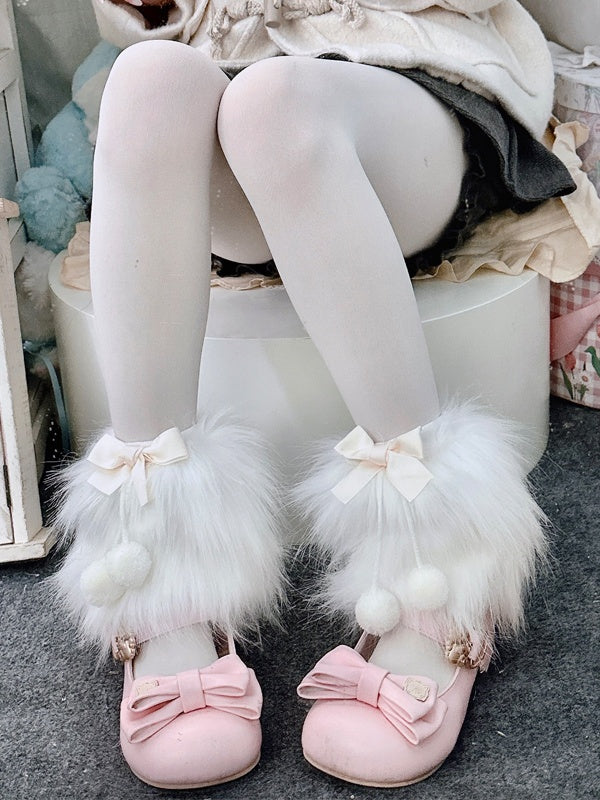 ブラック Y2K フェイクファー 蝶結び レッグウォーマー ポンポン付き