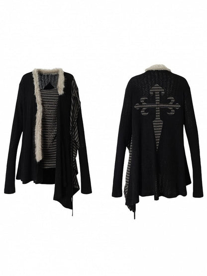 with Two Black Striped Piece Faux Vintage  Lining Cross Rhinestone Punk Top Back Applique