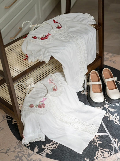 White Strawberry Lolita with Embroidery Short-Sleeve Ruffled Red Blouse