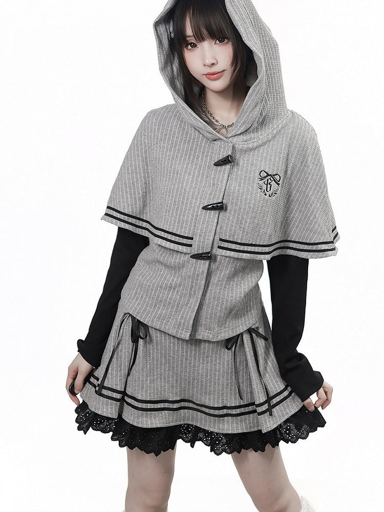 Vintage Kawaii Grey Hooded Cape Long Sleeve Top with Embroidery Accents - PINK SAVIOR