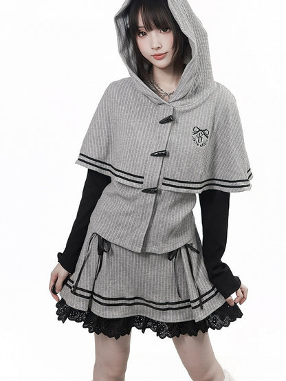 Vintage Kawaii Grey Hooded Cape Long Sleeve Top with Embroidery Accents - PINK SAVIOR