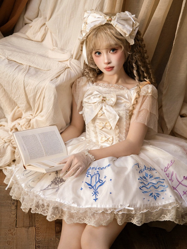 Dress Champagne Embroidered Zodiac with Butterfly Sleeves Tulle Lolita