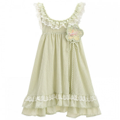 Green and White Plaid Ruffle Hem Overalls Mori Kei Dress