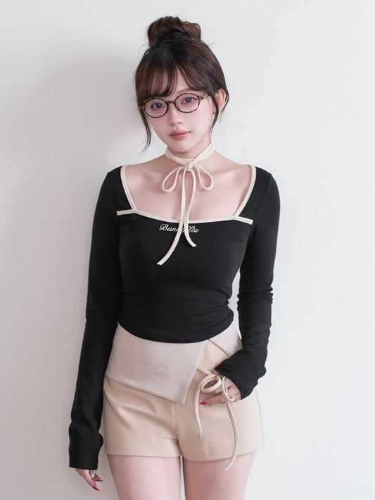 Kei Black Top Square Neck Jirai Long-Sleeve with Tie