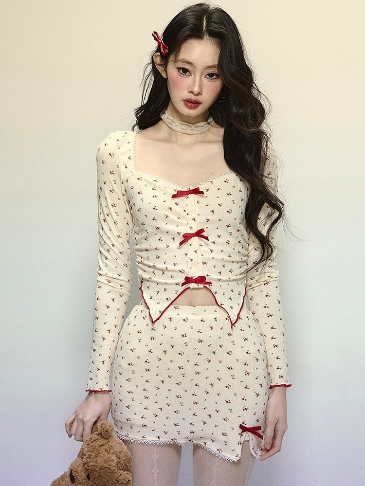 アプリコット花柄ハイウエストミニスカート