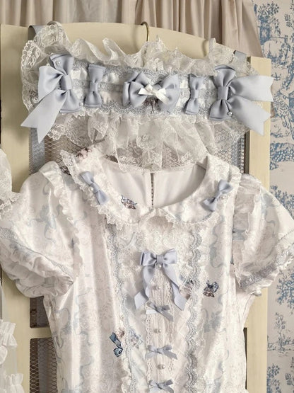 White & Blue Lace Bowknot Elegant Lolita Hairband - Meng Fu Zi