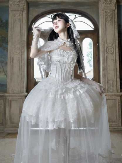 White Hime Lolita Elegant JSK Set with Cape and Overlay - Airfreeing