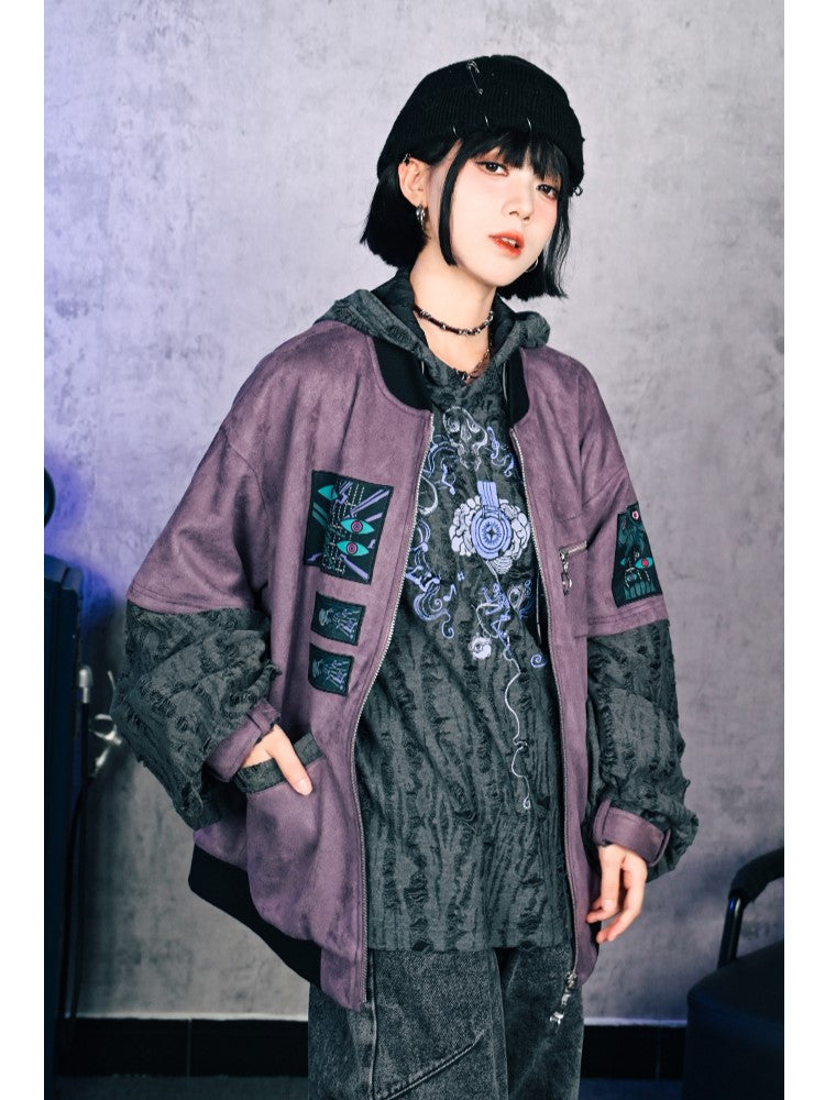 Gothic Gray with Sleeves Suede Jacket Distressed Faux Embroidery Bishop Purple Applique Baseball