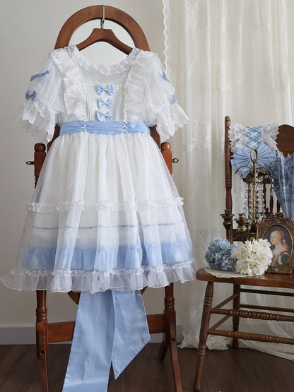Lolita Bow Dress with Blue Accents and Classic Ruffle White