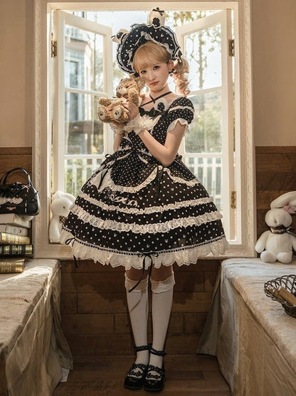 Quadratisches Kleid mit Häschen und Punkten, süßes Lolita-Muster, Ausschnitt, schwarze Ohren