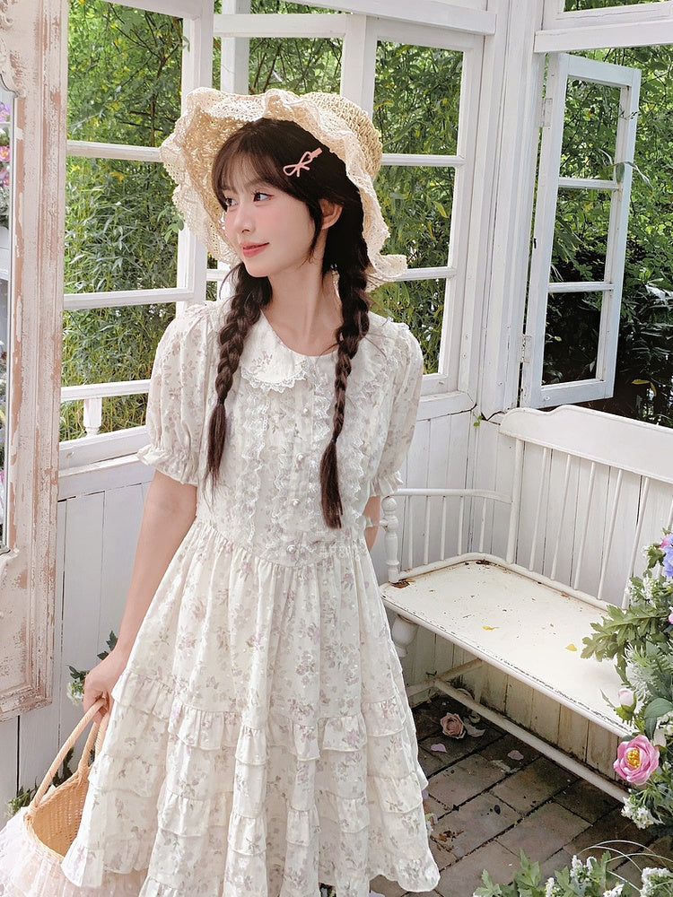 Bow Floral Dress White Peter Pan Collar Self-tie Waist Sweet