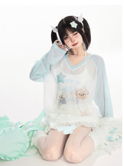 Print Blue Colorblock Bear Design V-Neck Cute Semi-Sheer Coverup