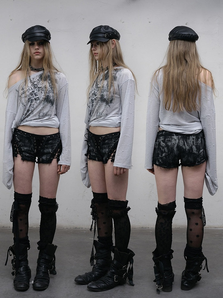 Wasteland Punk Letter Long Top Asymmetrical Blue/Beige Sleeves Neckline Print