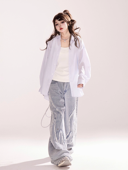 ヴィンテージ ワイドレッグ ジーンズ ライトブルー ライズ ウィングス 刺繍 アップリケ ローカット